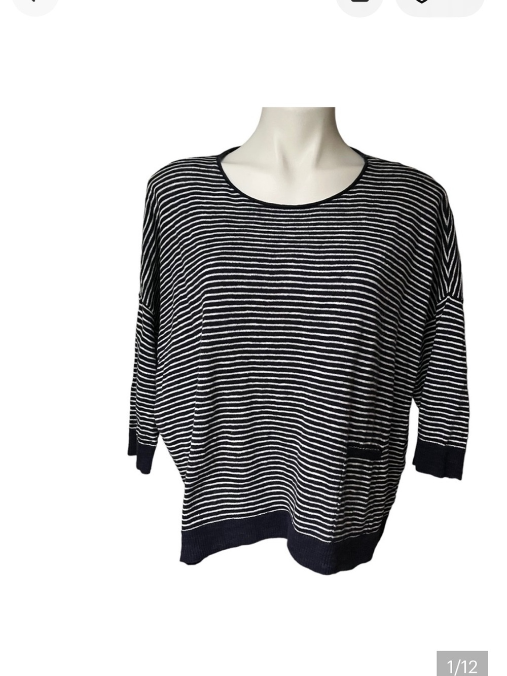 Eileen Fisher Navy and White Striped Lightweight Knit Top